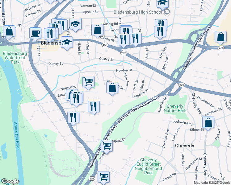 map of restaurants, bars, coffee shops, grocery stores, and more near 3422 55th Avenue in Hyattsville