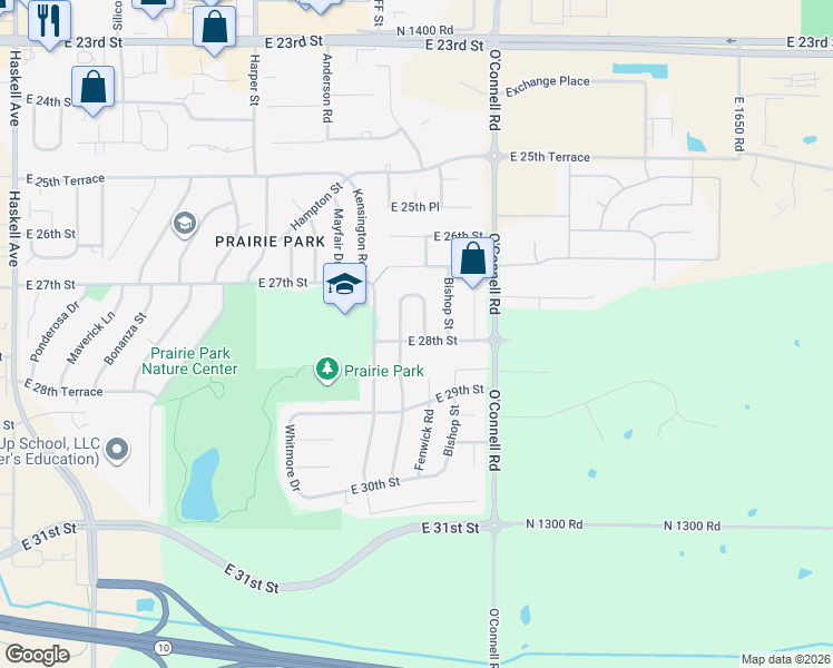 map of restaurants, bars, coffee shops, grocery stores, and more near 2717 Fenwick Road in Lawrence