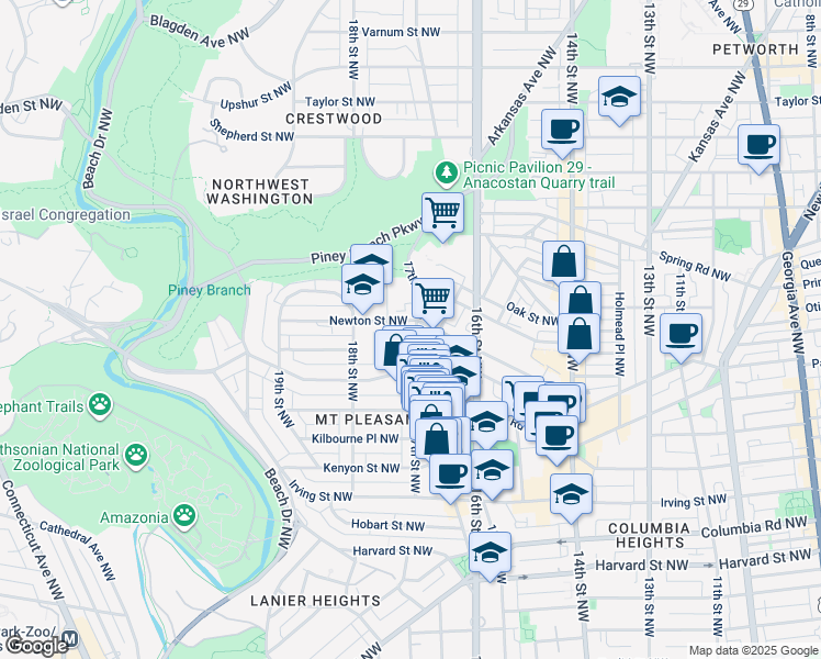 map of restaurants, bars, coffee shops, grocery stores, and more near 3350 17th Street Northwest in Washington