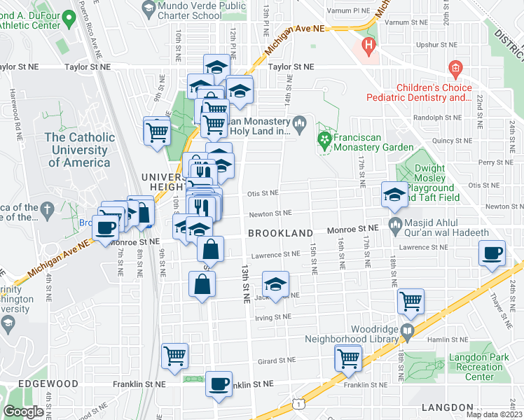 map of restaurants, bars, coffee shops, grocery stores, and more near 1336 Newton Street Northeast in Washington