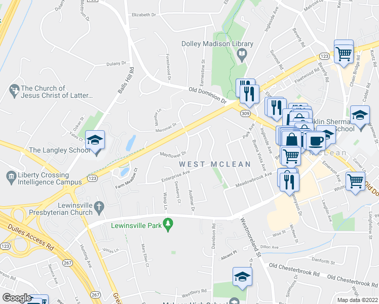map of restaurants, bars, coffee shops, grocery stores, and more near 1409 Mayflower Drive in McLean