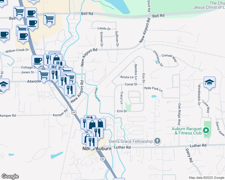 map of restaurants, bars, coffee shops, grocery stores, and more near 1853 Canal Street in Auburn