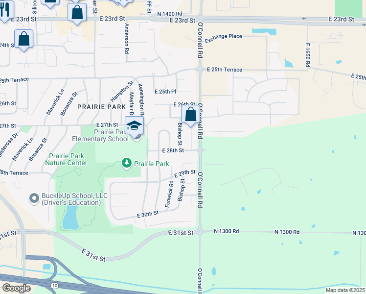 map of restaurants, bars, coffee shops, grocery stores, and more near 2728 Bishop Street in Lawrence