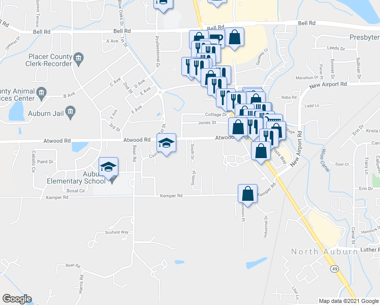 map of restaurants, bars, coffee shops, grocery stores, and more near 11690 Atwood Road in Auburn