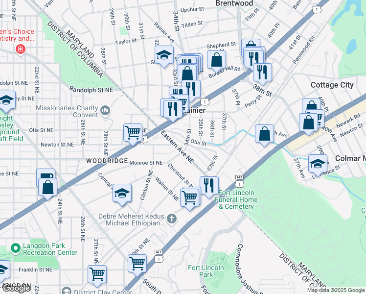 map of restaurants, bars, coffee shops, grocery stores, and more near 3601 Eastern Avenue Northeast in Mount Rainier