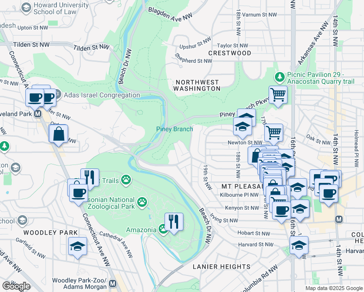 map of restaurants, bars, coffee shops, grocery stores, and more near 2028 Pierce Mill Road Northwest in Washington