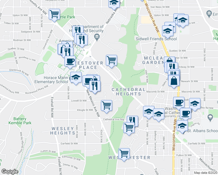 map of restaurants, bars, coffee shops, grocery stores, and more near 4200 Embassy Park Drive Northwest in Washington