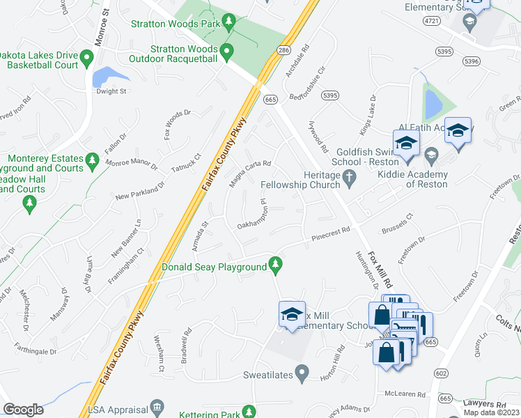 map of restaurants, bars, coffee shops, grocery stores, and more near 2532 Oakhampton Place in Herndon