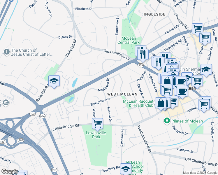 map of restaurants, bars, coffee shops, grocery stores, and more near 1409 Mayflower Drive in McLean