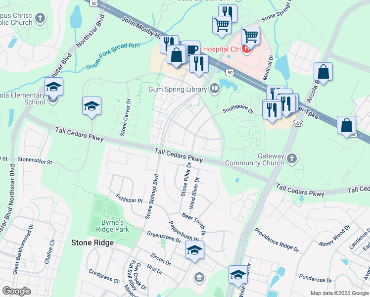 map of restaurants, bars, coffee shops, grocery stores, and more near 24713 Siltstone Square in Stone Ridge