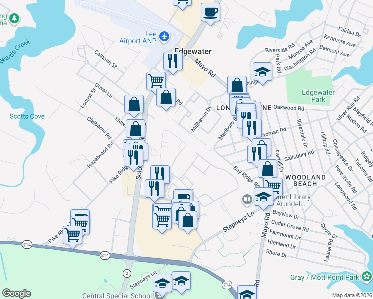 map of restaurants, bars, coffee shops, grocery stores, and more near 3824 Glebe Meadow Way in Edgewater