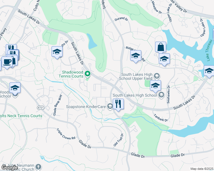 map of restaurants, bars, coffee shops, grocery stores, and more near 2237 Castle Rock Square in Reston