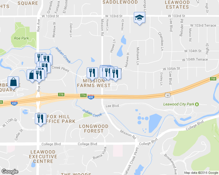 map of restaurants, bars, coffee shops, grocery stores, and more near 10671 Mission Road in Leawood