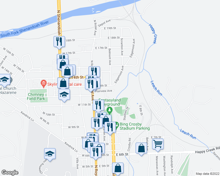 map of restaurants, bars, coffee shops, grocery stores, and more near 114 Fairview Avenue in Front Royal