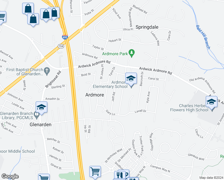 map of restaurants, bars, coffee shops, grocery stores, and more near 3604 Jeff Road in Upper Marlboro