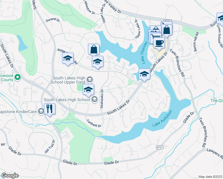 map of restaurants, bars, coffee shops, grocery stores, and more near 2127 Whisper Way in Reston