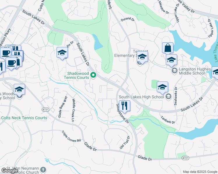 map of restaurants, bars, coffee shops, grocery stores, and more near 2231 Castle Rock Square in Reston