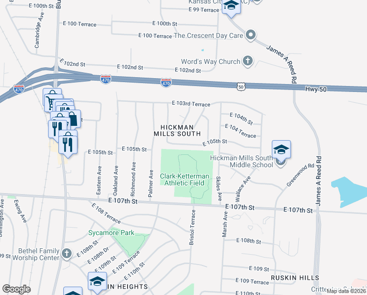 map of restaurants, bars, coffee shops, grocery stores, and more near 7901 East 105th Street in Kansas City