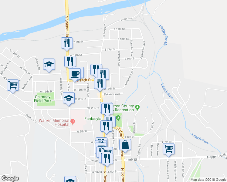 map of restaurants, bars, coffee shops, grocery stores, and more near 30 Fairview Avenue in Front Royal