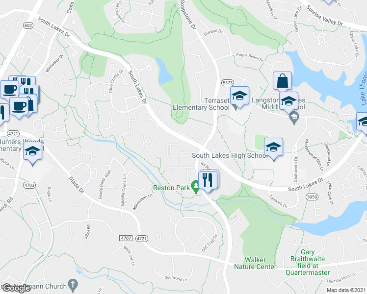 map of restaurants, bars, coffee shops, grocery stores, and more near 2231 Castle Rock Square in Reston