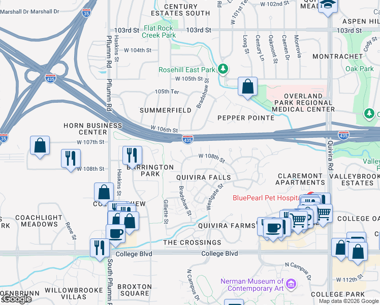 map of restaurants, bars, coffee shops, grocery stores, and more near 12810 West 108th Street in Overland Park
