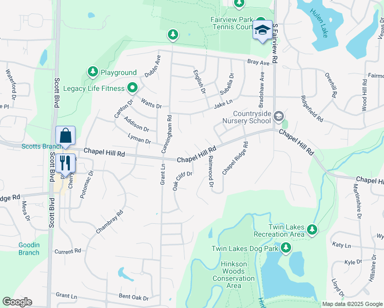map of restaurants, bars, coffee shops, grocery stores, and more near 1714 Oak Cliff Place in Columbia