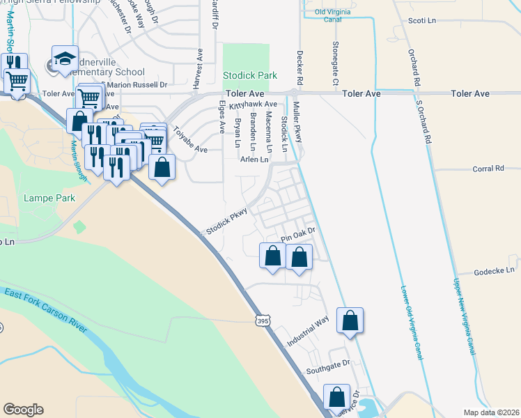 map of restaurants, bars, coffee shops, grocery stores, and more near 1410 Honey Locust Avenue in Gardnerville