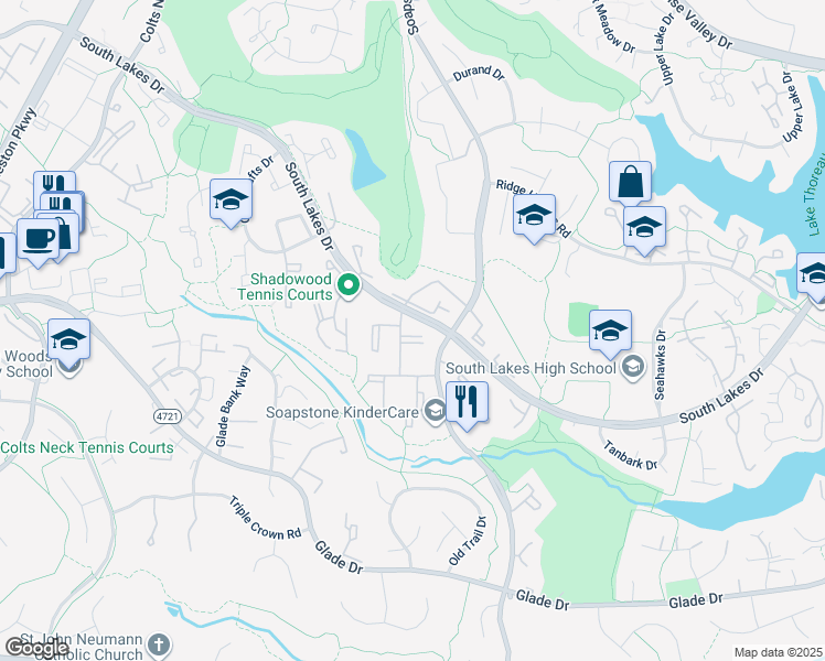 map of restaurants, bars, coffee shops, grocery stores, and more near 2233 Castle Rock Square in Reston