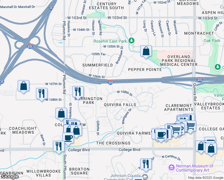 map of restaurants, bars, coffee shops, grocery stores, and more near 12810 West 108th Street in Overland Park