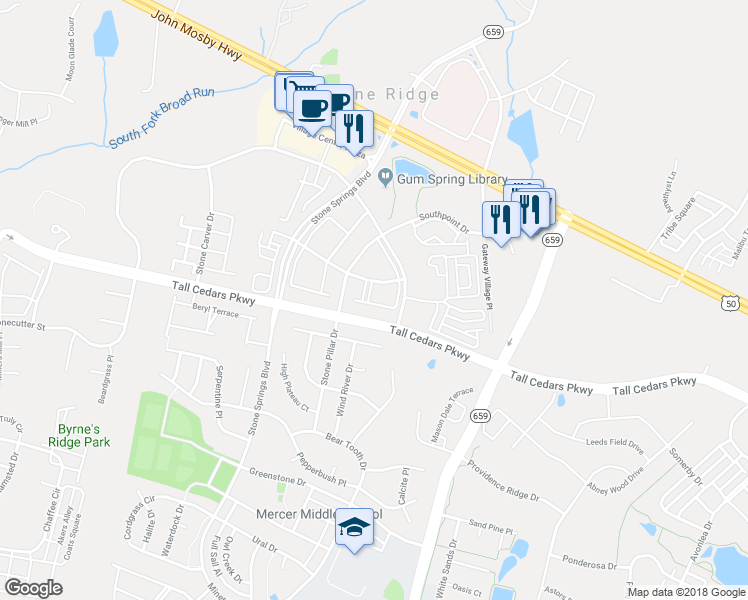 map of restaurants, bars, coffee shops, grocery stores, and more near 24706 Geyser Peaks Square in Stone Ridge