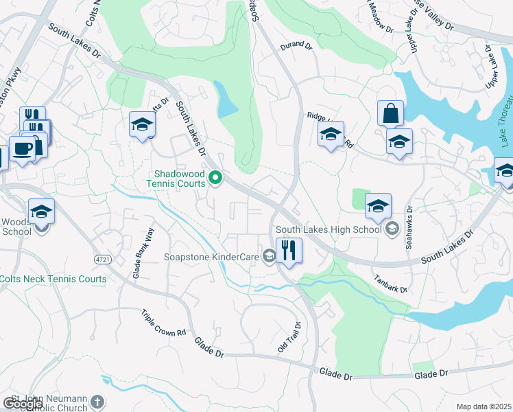 map of restaurants, bars, coffee shops, grocery stores, and more near 2233 Castle Rock Square in Reston