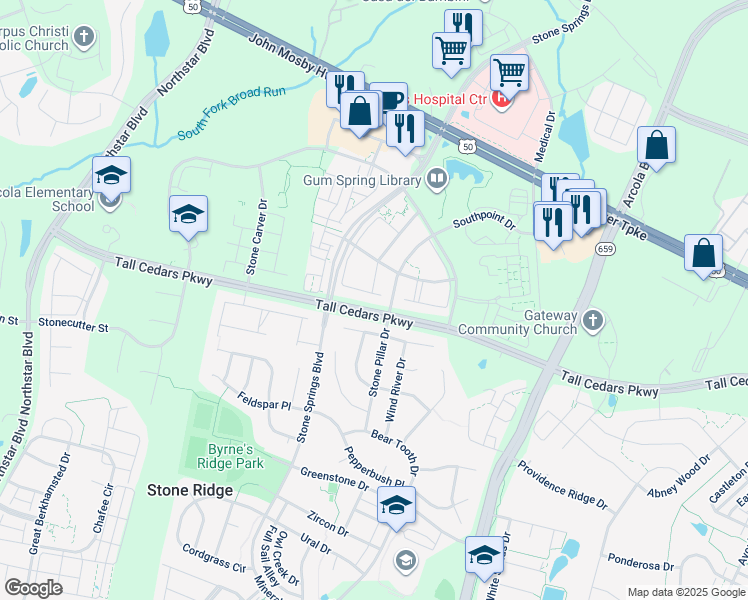 map of restaurants, bars, coffee shops, grocery stores, and more near 24709 Siltstone Square in Stone Ridge