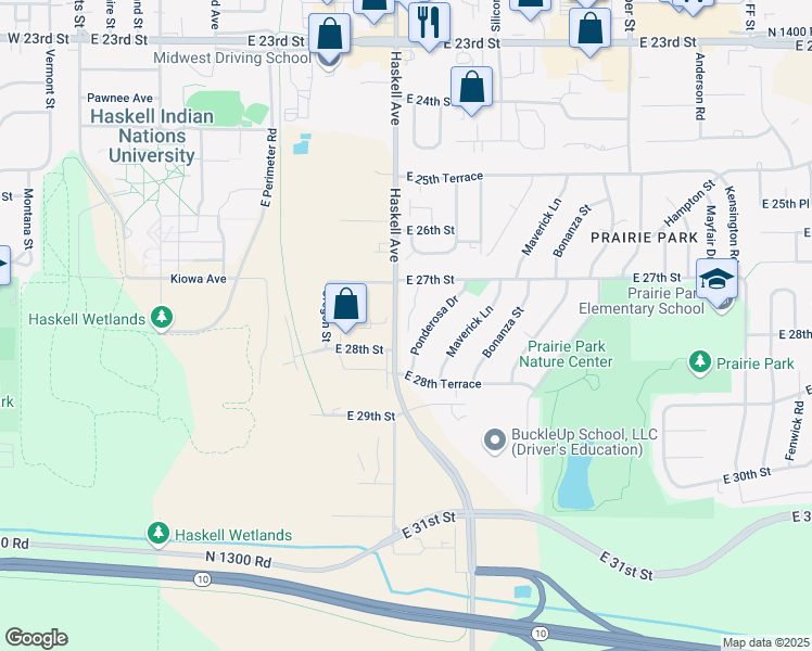 map of restaurants, bars, coffee shops, grocery stores, and more near 2725 Trail Dust Court in Lawrence