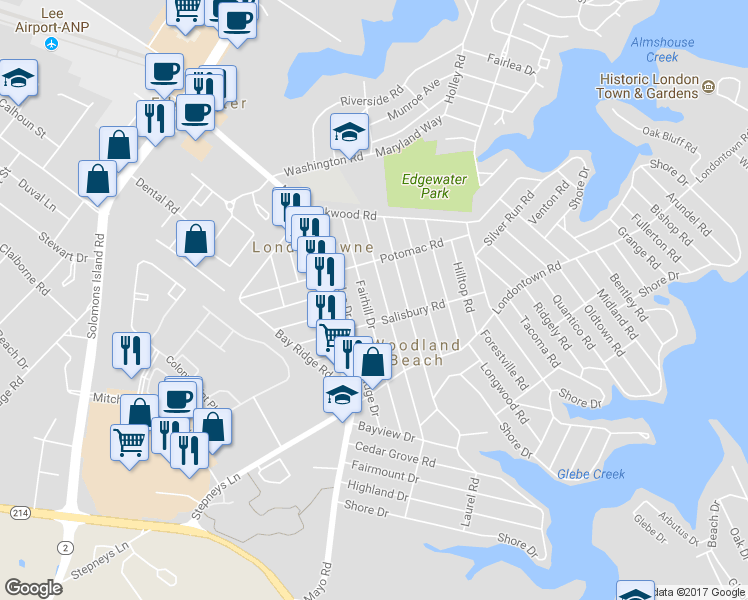 map of restaurants, bars, coffee shops, grocery stores, and more near 1645 Fairhill Drive in Edgewater