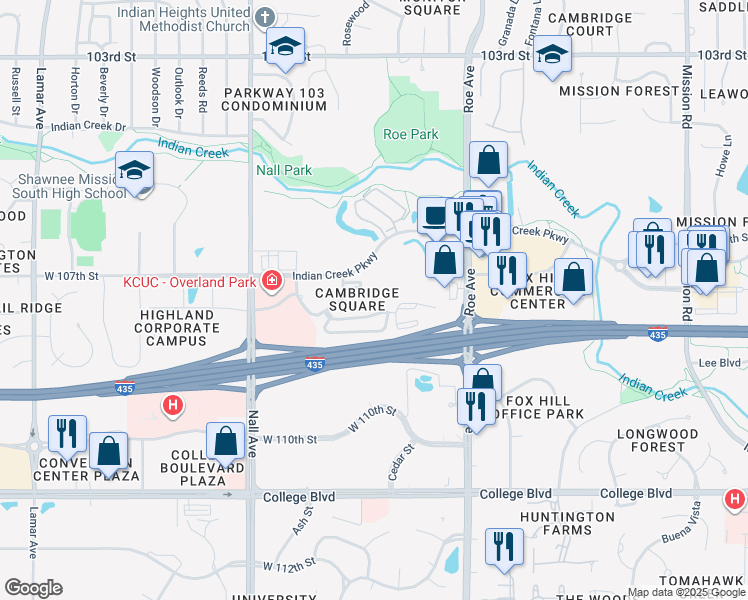 map of restaurants, bars, coffee shops, grocery stores, and more near 4910 West 108th Street in Overland Park