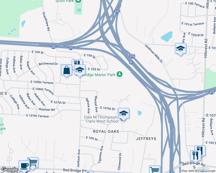 map of restaurants, bars, coffee shops, grocery stores, and more near 10531 Kensington Avenue in Kansas City
