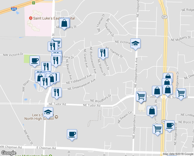 map of restaurants, bars, coffee shops, grocery stores, and more near 341 Northeast Dreamweaver Avenue in Lee's Summit