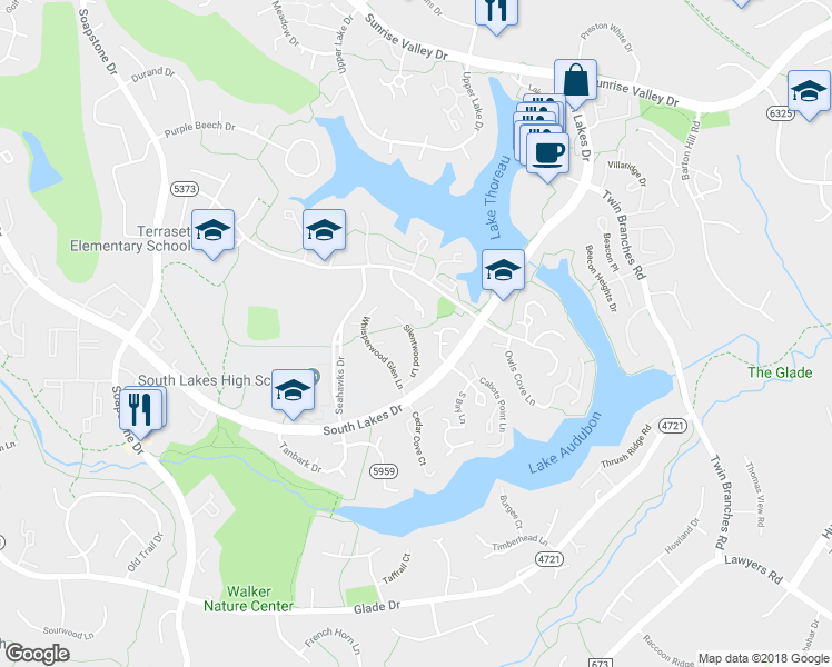 map of restaurants, bars, coffee shops, grocery stores, and more near 11223 Silentwood Lane in Reston