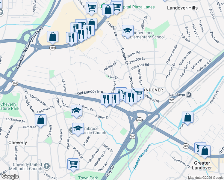 map of restaurants, bars, coffee shops, grocery stores, and more near 3606 65th Avenue in Landover Hills