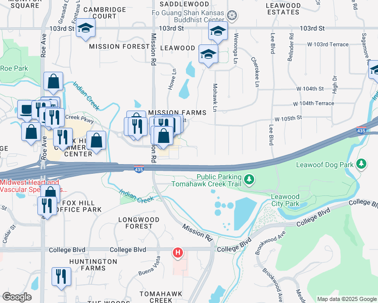 map of restaurants, bars, coffee shops, grocery stores, and more near 3701 Indian Creek Parkway in Overland Park