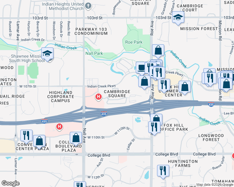 map of restaurants, bars, coffee shops, grocery stores, and more near 4910 West 108th Street in Overland Park