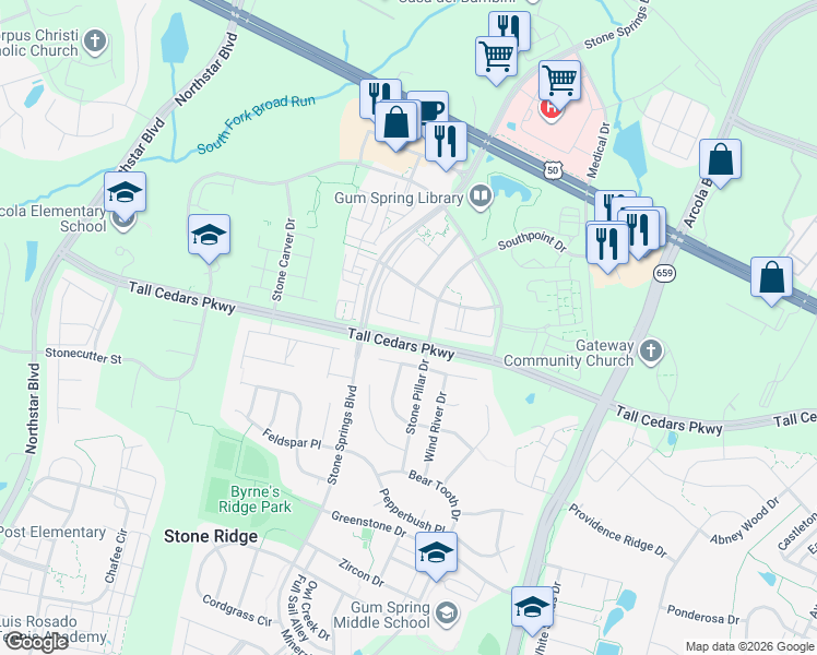 map of restaurants, bars, coffee shops, grocery stores, and more near 24705 Siltstone Square in Stone Ridge