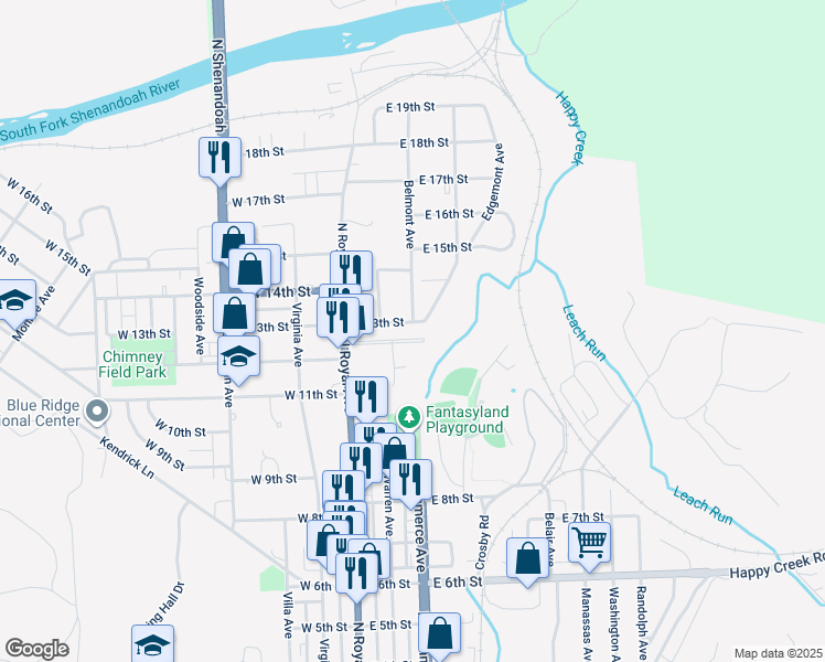 map of restaurants, bars, coffee shops, grocery stores, and more near 114 Fairview Avenue in Front Royal