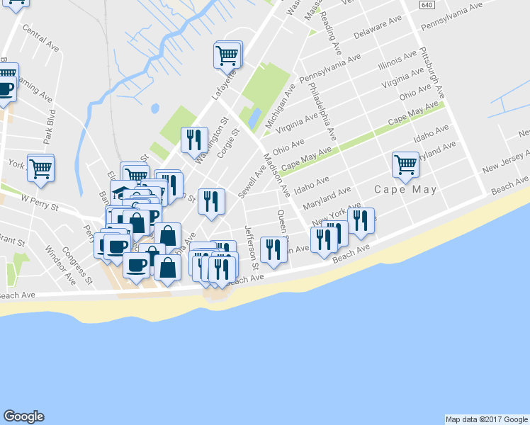 map of restaurants, bars, coffee shops, grocery stores, and more near 918 McCullum Avenue in Cape May