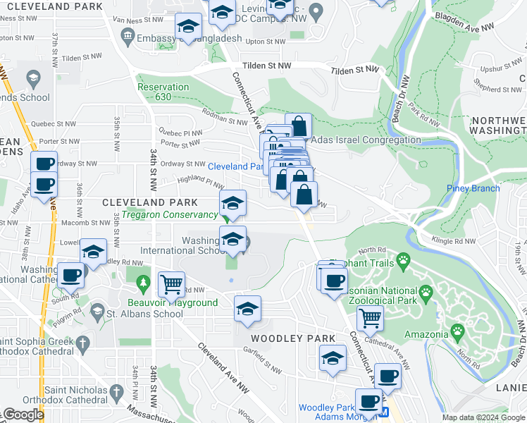 map of restaurants, bars, coffee shops, grocery stores, and more near 2950 Newark Street Northwest in Washington