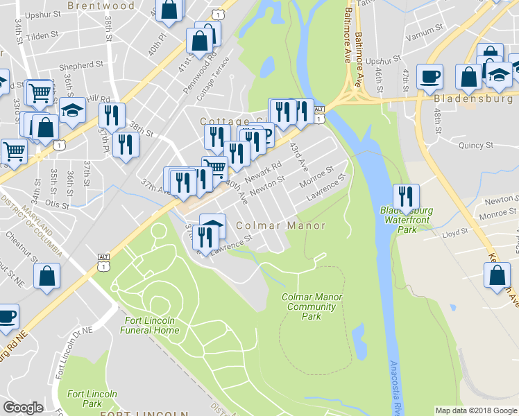 map of restaurants, bars, coffee shops, grocery stores, and more near 3412 40th Pl in Brentwood