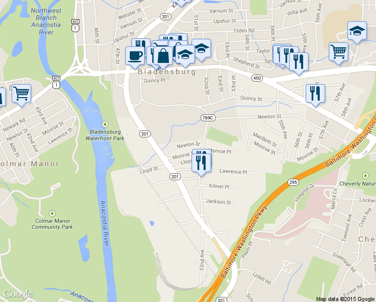 map of restaurants, bars, coffee shops, grocery stores, and more near 4916 Monroe St in Bladensburg
