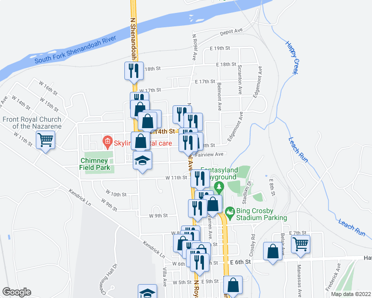 map of restaurants, bars, coffee shops, grocery stores, and more near 1220 North Royal Avenue in Front Royal