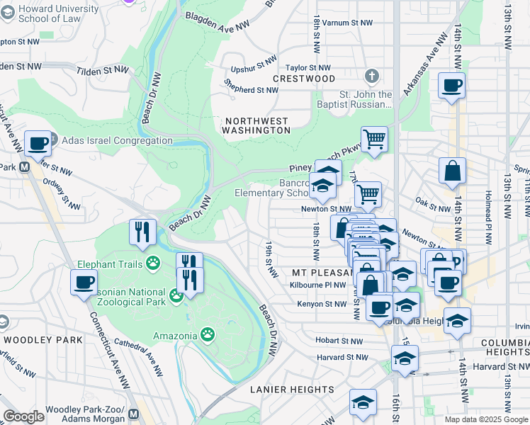 map of restaurants, bars, coffee shops, grocery stores, and more near 3322 19th Street Northwest in Washington