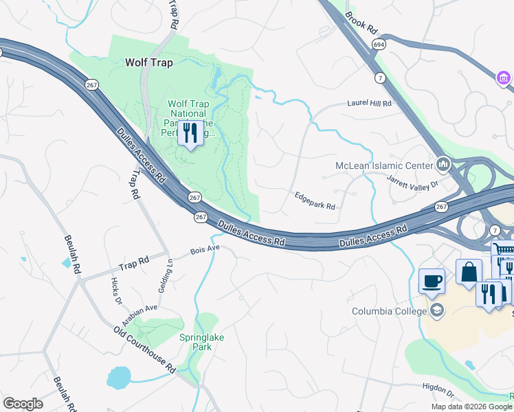 map of restaurants, bars, coffee shops, grocery stores, and more near 1528 Laurel Hill Road in Vienna